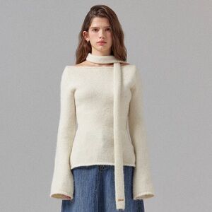 DEARISH - Women's Cream Off-Shoulder Knit Sweater with Scarf